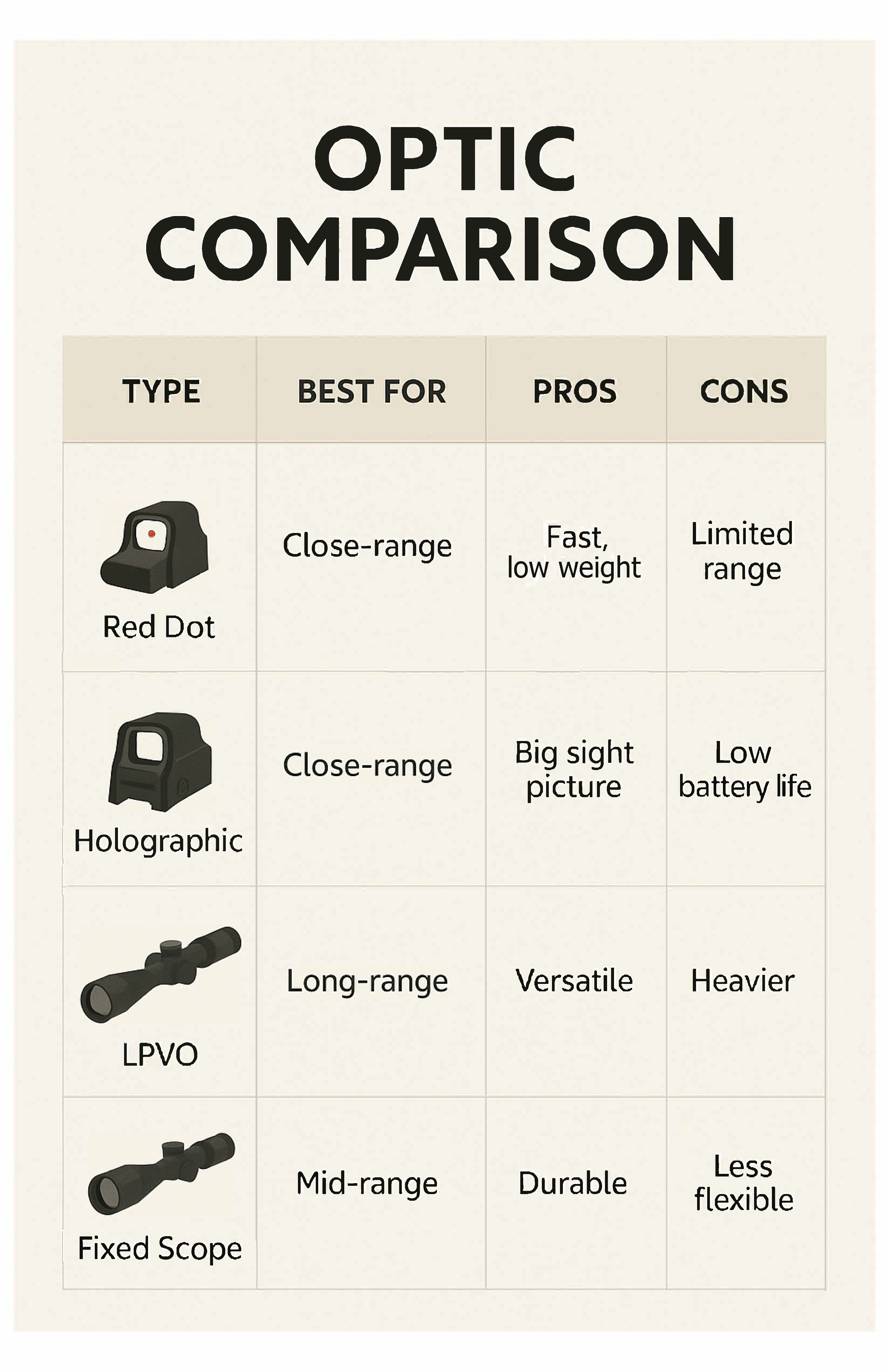 Optic Comparison chart is to help you quickly decide what optic you need to put on your firearm! 